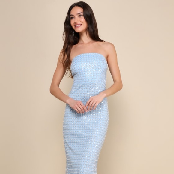 Lulus Perfectly Luxurious Light Blue Pearl Strapless Maxi Dress - Size L - Picture 1 of 1